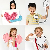 People Set of Diversity Kids Healthy Lifestyle Studio Collage