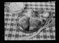 "Share The Meat" recipes. Braised stuffed heart. To supplement the voluntary weekly meat allotment of two and a half pounds per person, housewives are turning to the unlimited supply of "variety" meats on the market. Beef or calf hearts are among these meats which are rich in iron and vitamin B. To prepare braised stuffed heart select one beef heart, or two or three calf hearts. A simple stuffing of onion, celery, herbs, and bread crumbs gives distinction to the dish. Sourced from the Library of Congress.
