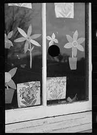 [Untitled photo, possibly related to: Children's art work in window of school, Jackson, Ohio]. Sourced from the Library of Congress.