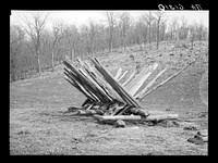 Hay crib used for storing fodder for feeding stock. Cuivre River recreational demonstration project near Troy. Missouri. Sourced from the Library of Congress.