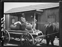 Farmer with cotton seed, fence posts and wire. These supplies were bought cooperatively at Roanoke Farms, North Carolina. Sourced from the Library of Congress.