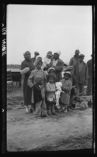 [Untitled photo, possibly related to: Parkin (vicinity), Arkansas. The families of evicted sharecroppers of the Dibble plantation. They were legally evicted the week of January 12, 1936. The plantation having charged that by membership in the Southern Tenant Farmers' Union they were engaging in a conspiracy to retain their homes. This contention granted by the court, the eviction, though at the point of a gun, was quite legal. The pictures were taken just after the evictions before they were moved into the tent colony they later enjoyed]. Sourced from the Library of Congress.