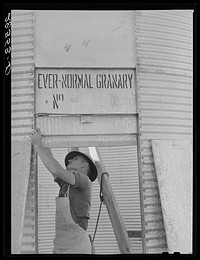 Constructing sealed bin for shelled corn storage. Marshall County, Iowa. Sourced from the Library of Congress.