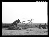 [Untitled photo, possibly related to: Operating a jayhawk hayloader. Kimberley farm, Jasper County, Iowa]. Sourced from the Library of Congress.