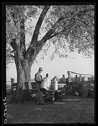 Milk-testing is one way of gauging the value of different feeding practices. As the milk tester for the Triple B Association stays overnight with each family, he has time to go carefully into the farmer's feed program with him and work out the best method. Black Hawk County, Iowa. Sourced from the Library of Congress.
