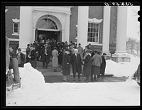 Townspeople outside town meeting place. Woodstock, Vermont. Sourced from the Library of Congress.