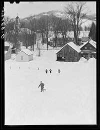 [Untitled photo, possibly related to: Children sleigh riding. Woodstock, Vermont]. Sourced from the Library of Congress.