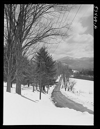 Road going from Minot's farm on Sugar Hill toward Franconia, New Hampshire, with White Mountains in the distance. Sourced from the Library of Congress.