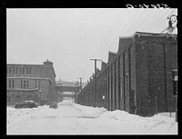 Factory during blizzard in North Adams, Massachusetts. Sourced from the Library of Congress.