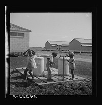 Running water and garbage and refuse disposal cans are placed at head of each shelter unit diviison at Okeechobee migratory labor camp. Belle Glade, Florida. Sourced from the Library of Congress.