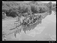 Members of the Primitive Baptist Church in Morehead, Kentucky, attending a creek baptizing by submersion. Sourced from the Library of Congress.