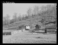 Josh Calahan's old home and barns with corn field on the hillside.  Southern Appalachian Project near Barbourville, Knox County, Kentucky. Sourced from the Library of Congress.
