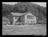 [Untitled photo, possibly related to: Big Rock school, built since Mrs. Marie R. Turner has been county superintendent. She is trying to consolidate all the schools and build them of stone since so many of the mountain schools have been burned down several times. She has been encouraging an activity program emphasizing creative arts and crafts using their native clay, wood and other materials. Breathitt County, Kentucky]. Sourced from the Library of Congress.