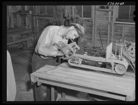 Woodworking in the arts and crafts shop on FSA (Farm Security Administration) project. Ida Valley Farms, Shenandoah Homesteads, Luray, Virginia. Sourced from the Library of Congress.