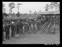 Carpenters and construction workers waiting outside Florida state employment office trying to get jobs on Camp Blanding. Starke, Florida. Sourced from the Library of Congress.