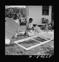 [Untitled photo, possibly related to: Applying the screen on the inside face of door. Demonstration of home screen door construction. Saint Mary's County, Ridge, Maryland]. Sourced from the Library of Congress.