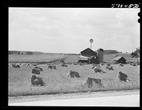 [Untitled photo, possibly related to: Stacks of wheat in front of barn with silo and windmill and cornfield in left background. Near Madison, Wisconsin]. Sourced from the Library of Congress.