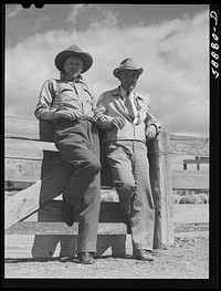 Dudes from Quarter Circle U Ranch at Crow Indian fair. Crow Agency, Montana. Sourced from the Library of Congress.