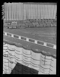 Grain elevators and freight cars. Minneapolis, Minnesota. Sourced from the Library of Congress.