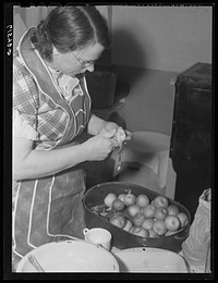 Mrs. Sauer peeling apples. Cavalier County, North Dakota. Sourced from the Library of Congress.