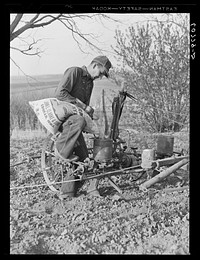 Pouring hybrid seed corn into box on planter. Monona County, Iowa. Sourced from the Library of Congress.