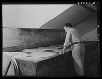 Swiss cheese in brine bath. Swiss cheese factory. Madison, Wisconsin. Sourced from the Library of Congress.