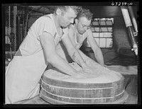 Pressing the curd into form. Swiss cheese factory. Madison, Wisconsin. Sourced from the Library of Congress.