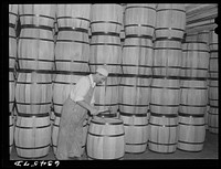 Clamping top on barrel of powdered milk. Condensary at Antigo, Wisconsin. Sourced from the Library of Congress.