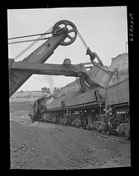 [Untitled photo, possibly related to: Loading cars with giant power shovel at Danube iron mine near Bovey, Minnesota]. Sourced from the Library of Congress.