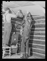 Flathead Valley special area project, Montana. Elmer Waldstad, FSA (Farm Security Administration) borrower, putting new ceiling on house he built himself. Sourced from the Library of Congress.