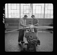 Final adjustment on finished propeller. Hamilton propeller plant, East Hartford, Connecticut. Sourced from the Library of Congress.