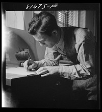 [Untitled photo, possibly related to: Washington, D.C. Preparing the defense bond sales photomural, to be installed in the Grand Central terminal, New York, in the visual unit of the FSA (Farm Security Administration). Milton Tinsley mounting part of the dummy]. Sourced from the Library of Congress.