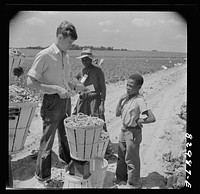 [Untitled photo, possibly related to: Bridgeton, New Jersey. Seabrook Farm. Weighing in beans]. Sourced from the Library of Congress.