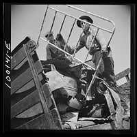 Washington, D.C. Scrap salvage campaign, Victory Program. Unloading scrap at a wholesale junkyard. Sourced from the Library of Congress.
