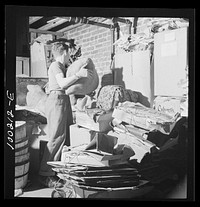 [Untitled photo, possibly related to: Washington, D.C. Scrap salvage campaign, Victory Program. This boy keeps stacks of paper, metal and rags in his cellar, ready for a junk dealer to pick up]. Sourced from the Library of Congress.