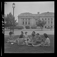 [Untitled photo, possibly related to: Washington, D.C. Government workers lunch outside the U.S. Department of Agriculture in Washington Monument park]. Sourced from the Library of Congress.