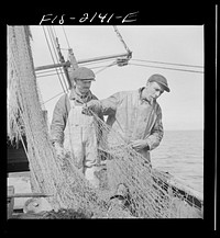 Provincetown, Massachusetts. The trawl is constantly under repair, and while one net is down a second is being mended by all hands aboard the Portuguese drag trawler, Francis and Marion. Sourced from the Library of Congress.