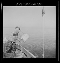Throwing overboard barrel float which supports trawl off Cape Cod, Massachusetts. Sourced from the Library of Congress.