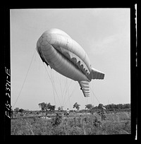 Parris Island, South Carolina. Tactical formations of barrage balloons prevent dive bombing and the strafing of important ground installations. The Leathernecks are developing an excellent technique in this method of protecting important locations from enemy aircraft. Sourced from the Library of Congress.