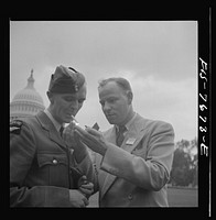 [Untitled photo, possibly related to: Washington, D.C. International student assembly. Left to right: pilot officer Carlysle Blackie, a delegate from New Zealand; Thorvaldur Thorarinsson, a delegate from Iceland; Bryan J. Kellaway, a delegate from Australia; pilor officer Russell Garlick, a delegate from New Zealand]. Sourced from the Library of Congress.