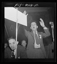 New York, New York. Marine and shipbuilding workers' convention. Flynn, a leader of the New Jersey local, addressing the union convention at the Hotel New Yorker. Sourced from the Library of Congress.