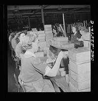[Untitled photo, possibly related to: Philadelphia, Pennsylvania. Swedish-American woman at the SKF roller bearing factory]. Sourced from the Library of Congress.