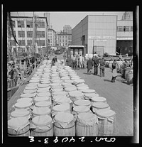 New York, New York. Barrels of fish on the docks at Fulton fish market ready to be shipped to retailers. Sourced from the Library of Congress.