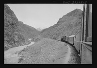 Mountainous route of trains carrying supplies to Russia. An American engine with an American crew along a gorge through the ever-winding route somewhere in Iran. Sourced from the Library of Congress.