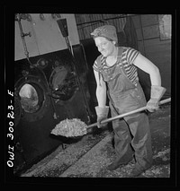 [Untitled photo, possibly related to: Pitcairn, Pennsylvania. Miss Mary DaVanzo, twenty-two, employed at the Pennsylvania Railroad steel car shop boiler room as a stationary firemen's helper, earning seventy-two cents per hour. She lives on a farm in nearby Delmont and was formerly a waitress in the Mercy Hospital, Pittsburgh]. Sourced from the Library of Congress.