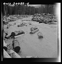 [Untitled photo, possibly related to: Spring pulpwood drive on the Brown Company timber holdings in Maine. A jam is forming here where a few logs were snagged on a rock]. Sourced from the Library of Congress.