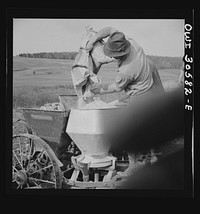 [Untitled photo, possibly related to: Fort Kent, Aroostook County, Maine. Spring potato planting on the French Acadian farm of Leonard Gagnon. Leonard Gagnon loading fertilizer into the hopper of a seeder]. Sourced from the Library of Congress.