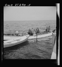 [Untitled photo, possibly related to: On board the fishing boat Alden, out of Gloucester, Massachusetts. Gloucester fishermen in their dories at sea]. Sourced from the Library of Congress.