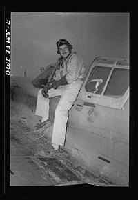 Lieutenant Robert "Rocky" Byrnes, twenty-six, Saint Louis, Missouri, flying with the 64th Squadron of the 57th Fighter Group, returning after destroying three German Messerschmitt-109s in aerial victory over the Sicilian straits on April 18, in which the 57th United States Fighter Group of the 9th Air Force destroyed seventy-four enemy planes. Sourced from the Library of Congress.