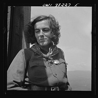 Gorham (vicinity), New Hampshire. Barbara Mortensen, a fire and airplane lookout on Pine Mountain. Sourced from the Library of Congress.